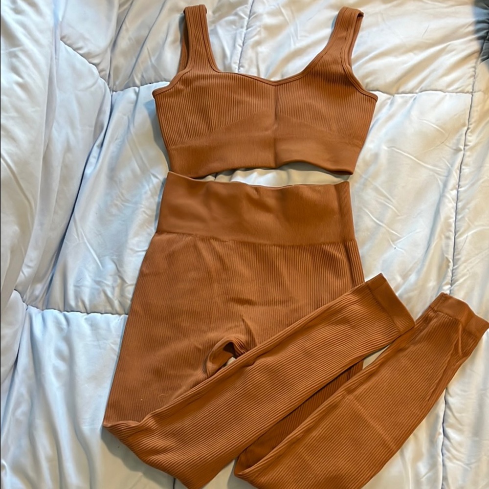 Tan Ribbed Leggings & Bra Workout Set
